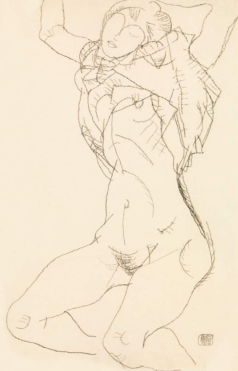 Woman undressing. Seminude with Arms Raised (1914) by Egon Schiele. Original female line art drawing from The MET museum.…