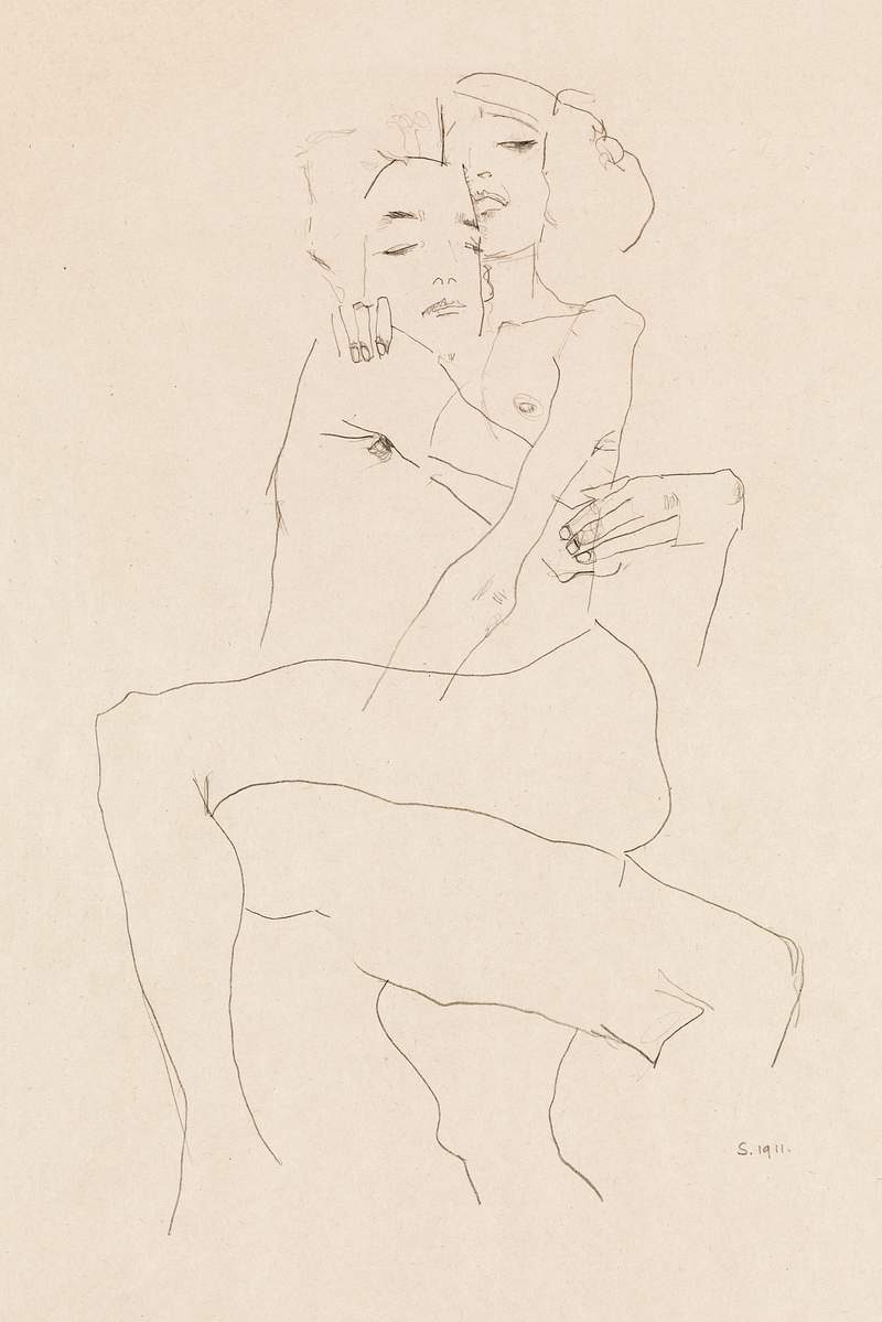 Naked man and woman. Couple Embracing (1911) by Egon Schiele. Original female line art drawing from The MET museum. Digitally…