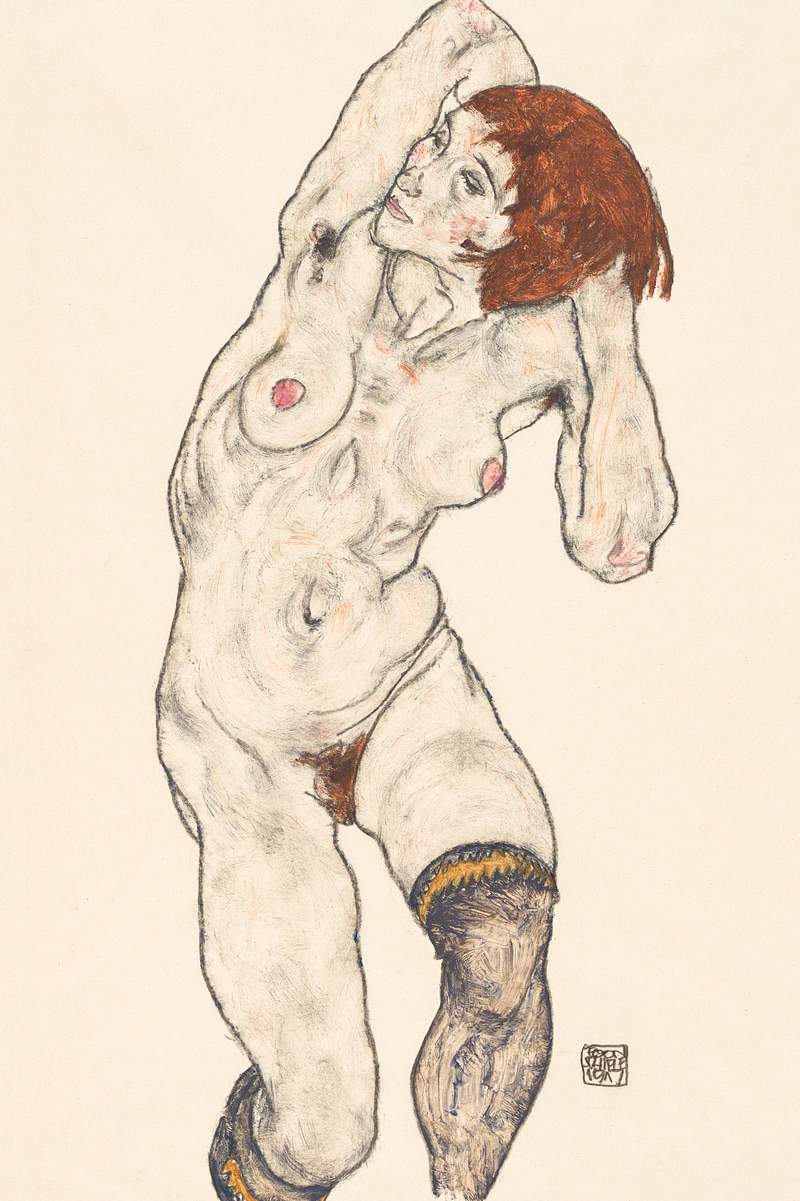 Naked lady. Nude in Black Stocking (1917) by Egon Schiele. female line art drawing from The MET museum. Digitally enhanced by…