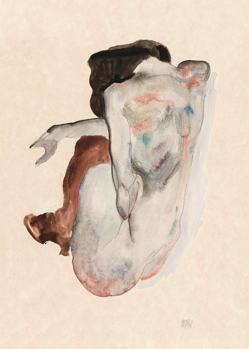 Naked lady. Crouching Nude in Shoes and Black Stockings, Back View (1912) by Egon Schiele. Original female painting from The…