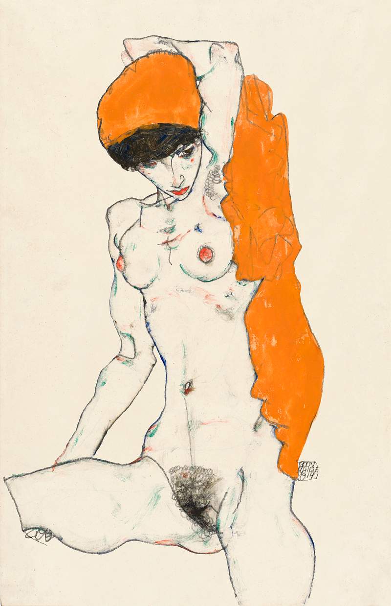 Vulgar naked woman. Standing Nude with Orange Drapery (1914) by Egon Schiele. Original female line art drawing from The MET…