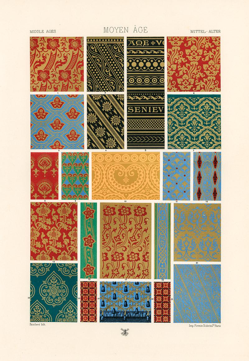 Middle-Ages pattern from L'ornement Polychrome (1888) by Albert Racinet (1825–1893). Digitally enhanced from our own original 1888 edition. Middle-Ages pattern from L'ornement Polychrome (1888) by Albert Racinet (1825–1893). Digitally enhanced from our own…