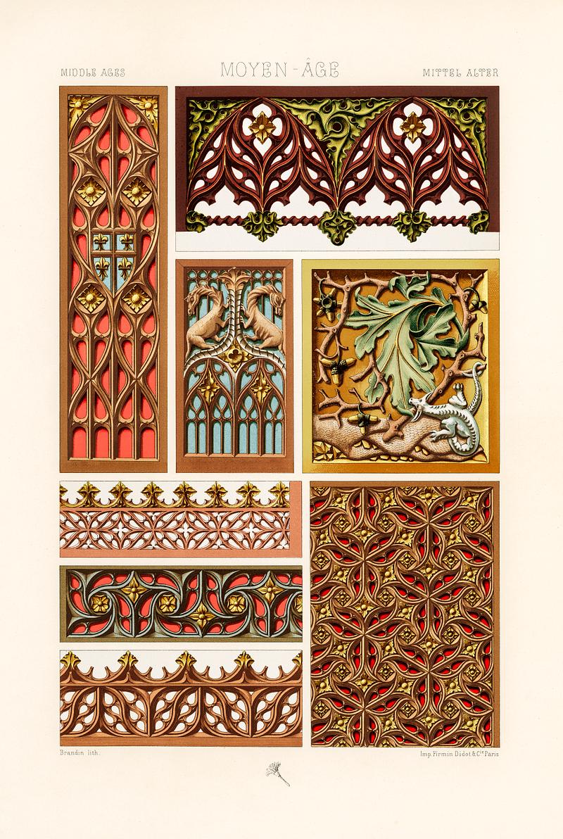 Middle-Ages pattern from L'ornement Polychrome (1888) by Albert Racinet (1825–1893). Digitally enhanced from our own original 1888 edition. Middle-Ages pattern from L'ornement Polychrome (1888) by Albert Racinet (1825–1893). Digitally enhanced from our own…