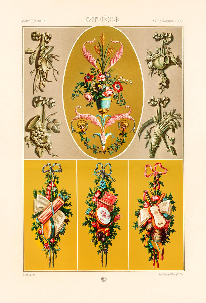 18th Century pattern from L'ornement Polychrome (1888) by Albert Racinet (1825–1893). Digitally enhanced from our own original 1888 edition. 18th Century pattern from L'ornement Polychrome (1888) by Albert Racinet (1825–1893). Digitally enhanced from our own…