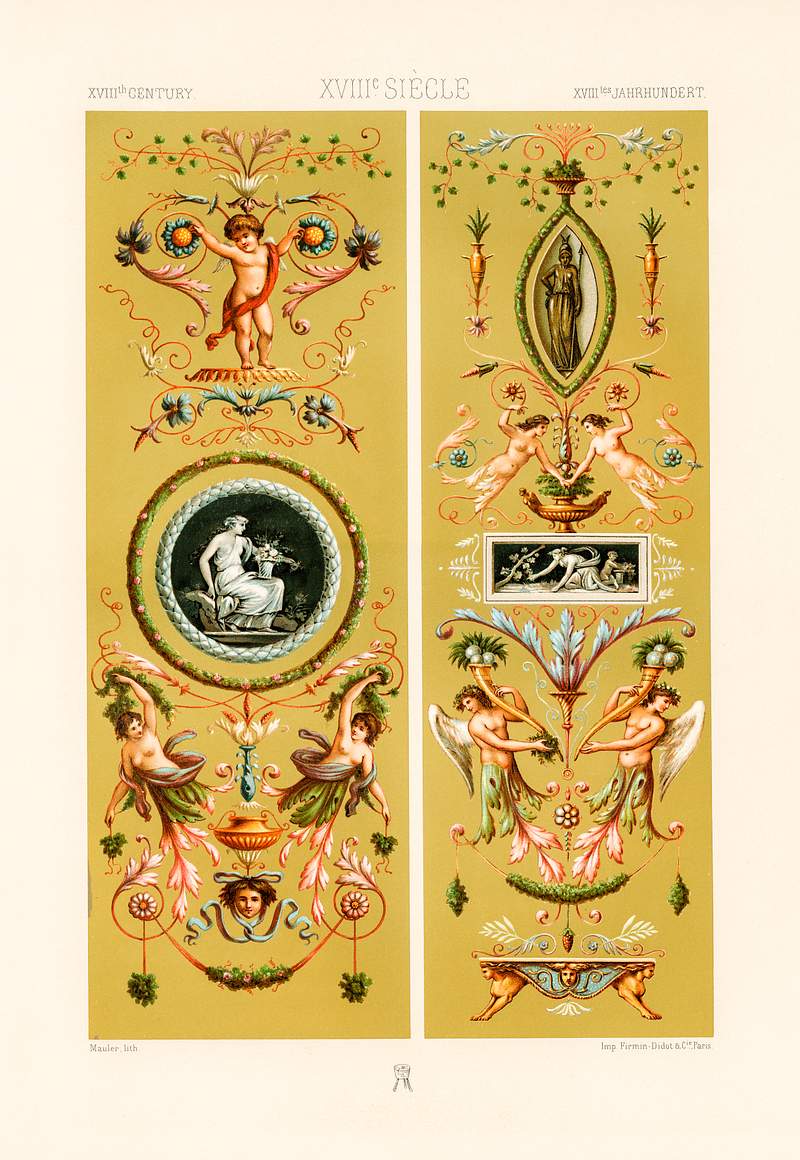 18th Century pattern from L'ornement Polychrome (1888) by Albert Racinet (1825–1893). Digitally enhanced from our own original 1888 edition. 18th Century pattern from L'ornement Polychrome (1888) by Albert Racinet (1825–1893). Digitally enhanced from our own…