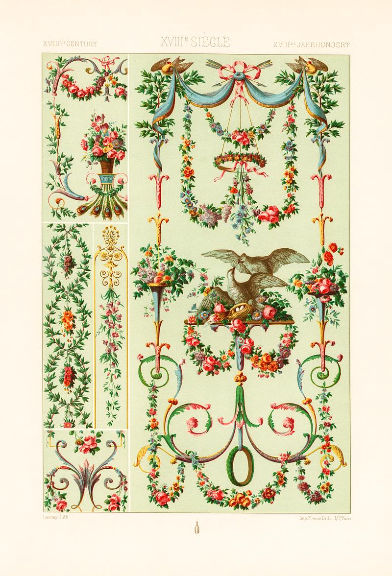 18th Century pattern from L'ornement Polychrome (1888) by Albert Racinet (1825–1893). Digitally enhanced from our own original 1888 edition. 18th Century pattern from L'ornement Polychrome (1888) by Albert Racinet (1825–1893). Digitally enhanced from our own…