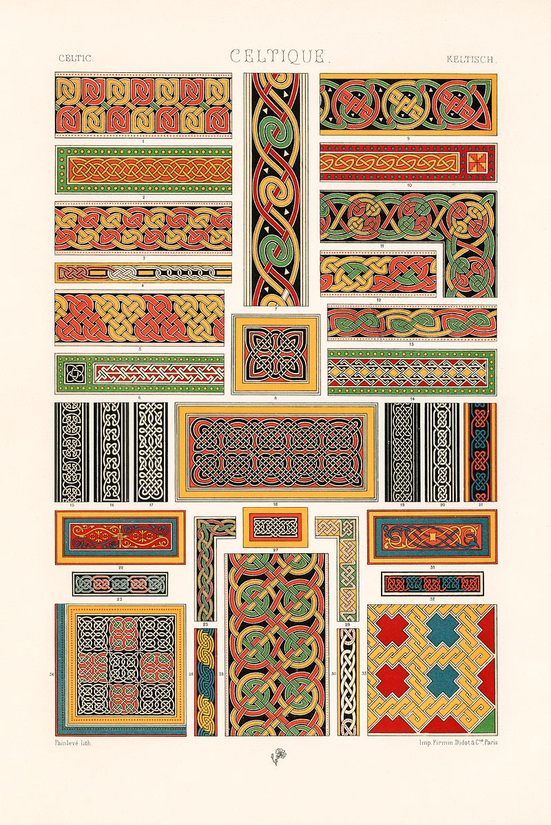 Celtic pattern from L'ornement Polychrome (1888) by Albert Racinet (1825–1893). Digitally enhanced from our own original 1888 edition. Celtic pattern from L'ornement Polychrome (1888) by Albert Racinet (1825–1893). Digitally enhanced from our own…