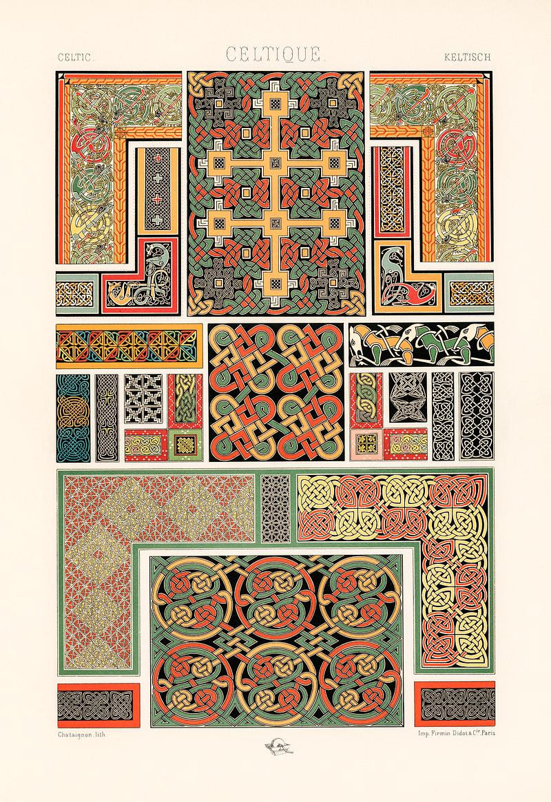 Celtic pattern from L'ornement Polychrome (1888) by Albert Racinet (1825–1893). Digitally enhanced from our own original 1888 edition. Celtic pattern from L'ornement Polychrome (1888) by Albert Racinet (1825–1893). Digitally enhanced from our own…