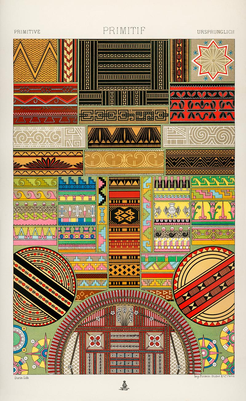 Primitive pattern from L'ornement Polychrome (1888) by Albert Racinet (1825–1893). Digitally enhanced from our own original 1888 edition. Primitive pattern from L'ornement Polychrome (1888) by Albert Racinet (1825–1893). Digitally enhanced from our own…