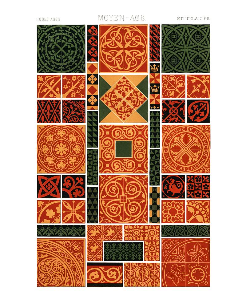 Vintage illustration of Colored lithographs of historic designs taken from fabrics, frescoes, manuscripts, mosaics Vintage illustration of Colored lithographs of historic designs taken from fabrics, frescoes, manuscripts, mosaics