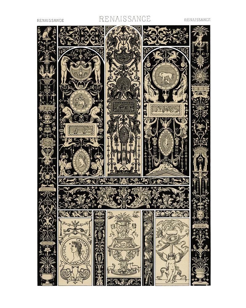 Vintage illustration of Colored lithographs of historic designs taken from fabrics, frescoes, manuscripts, mosaics, and architectures around the world were turned into lithographs Vintage illustration of Colored lithographs of historic designs taken from fabrics, frescoes, manuscripts, mosaics, and…