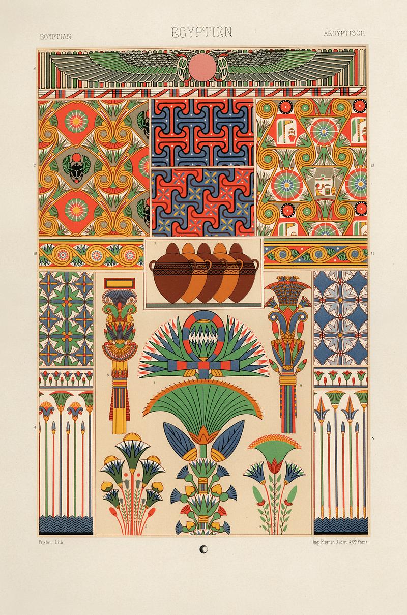 Egyptian pattern from L'ornement Polychrome (1888) by Albert Racinet (1825–1893). Digitally enhanced from our own original 1888 edition. Egyptian pattern from L'ornement Polychrome (1888) by Albert Racinet (1825–1893). Digitally enhanced from our own…