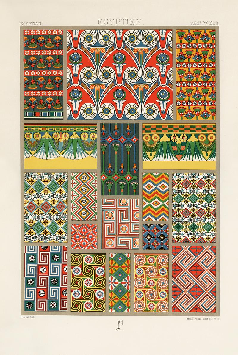 Egyptian pattern from L'ornement Polychrome (1888) by Albert Racinet (1825–1893). Digitally enhanced from our own original 1888 edition. Egyptian pattern from L'ornement Polychrome (1888) by Albert Racinet (1825–1893). Digitally enhanced from our own…