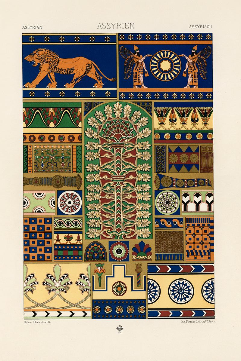 Assyrian pattern from L'ornement Polychrome (1888) by Albert Racinet (1825–1893). Digitally enhanced from our own original 1888 edition. Assyrian pattern from L'ornement Polychrome (1888) by Albert Racinet (1825–1893). Digitally enhanced from our own…