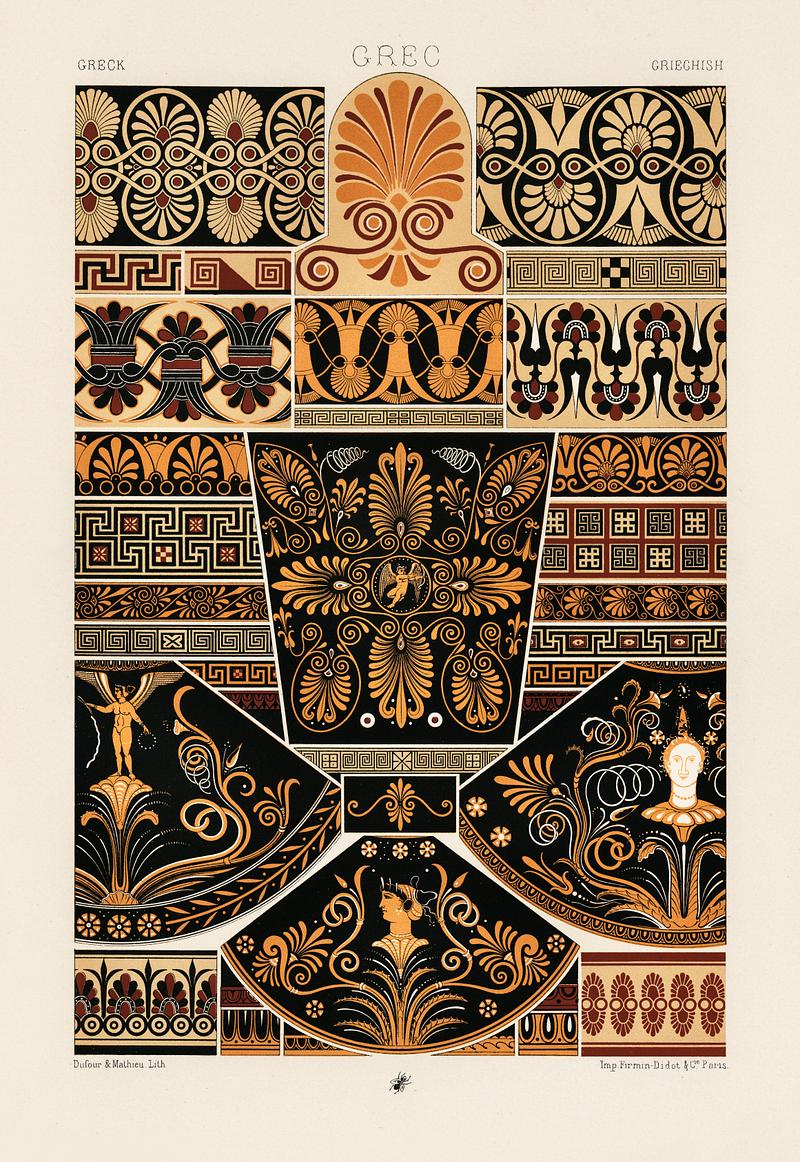 Greek pattern from L'ornement Polychrome (1888) by Albert Racinet (1825–1893). Digitally enhanced from our own original 1888 edition. Greek pattern from L'ornement Polychrome (1888) by Albert Racinet (1825–1893). Digitally enhanced from our own original…