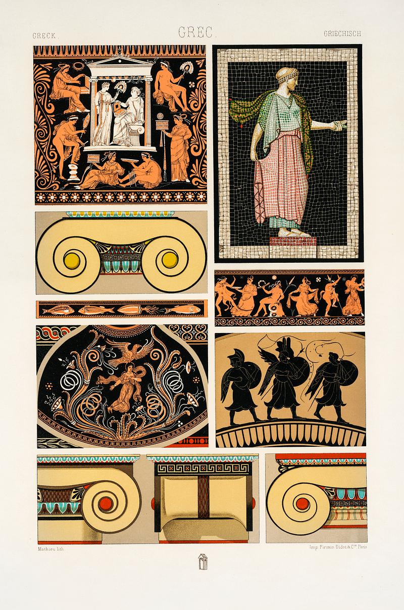 Greek pattern from L'ornement Polychrome (1888) by Albert Racinet (1825–1893). Digitally enhanced from our own original 1888 edition. Greek pattern from L'ornement Polychrome (1888) by Albert Racinet (1825–1893). Digitally enhanced from our own original…
