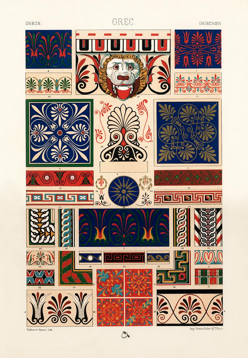 Greek pattern from L'ornement Polychrome (1888) by Albert Racinet (1825–1893). Digitally enhanced from our own original 1888 edition. Greek pattern from L'ornement Polychrome (1888) by Albert Racinet (1825–1893). Digitally enhanced from our own original…