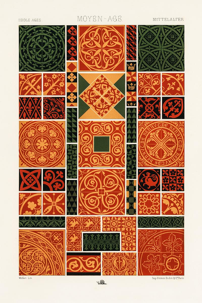Middle-Ages pattern from L'ornement Polychrome (1888) by Albert Racinet (1825–1893). Digitally enhanced from our own original 1888 edition. Middle-Ages pattern from L'ornement Polychrome (1888) by Albert Racinet (1825–1893). Digitally enhanced from our own…