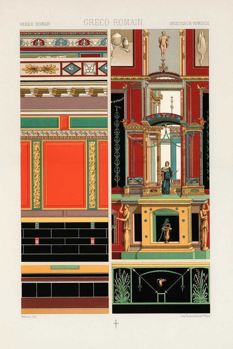 Greek-Roman pattern from L'ornement Polychrome (1888) by Albert Racinet (1825–1893). Digitally enhanced from our own original 1888 edition. Greek-Roman pattern from L'ornement Polychrome (1888) by Albert Racinet (1825–1893). Digitally enhanced from our own…