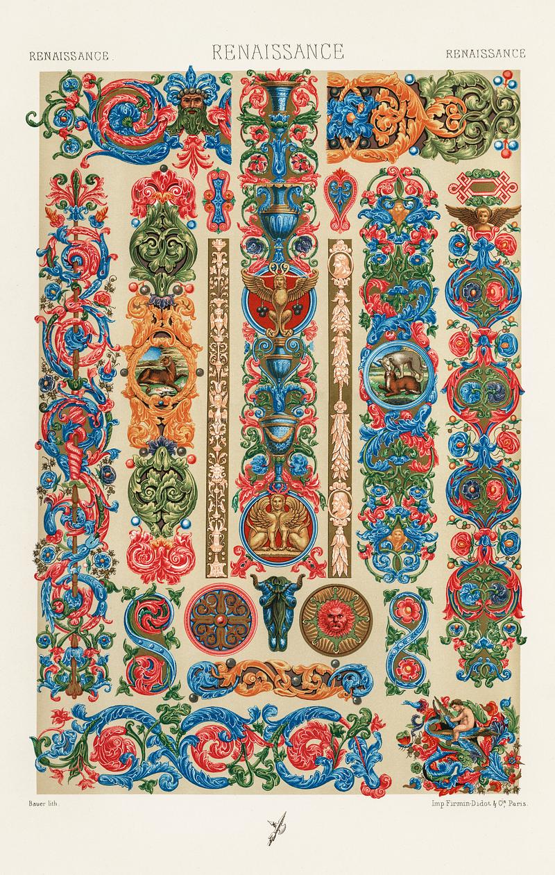 Renaissance pattern from L'ornement Polychrome (1888) by Albert Racinet (1825–1893). Digitally enhanced from our own original 1888 edition. Renaissance pattern from L'ornement Polychrome (1888) by Albert Racinet (1825–1893). Digitally enhanced from our own…