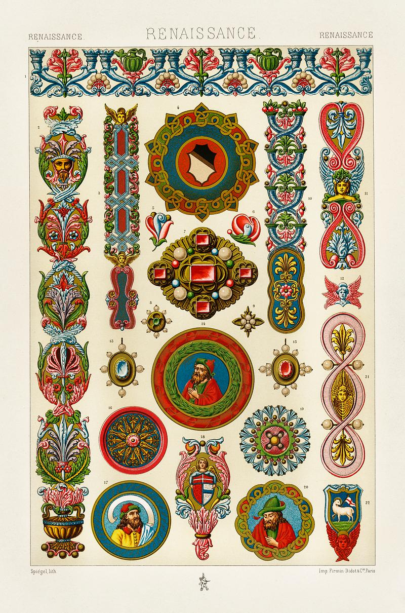 Renaissance pattern from L'ornement Polychrome (1888) by Albert Racinet (1825–1893). Digitally enhanced from our own original 1888 edition. Renaissance pattern from L'ornement Polychrome (1888) by Albert Racinet (1825–1893). Digitally enhanced from our own…