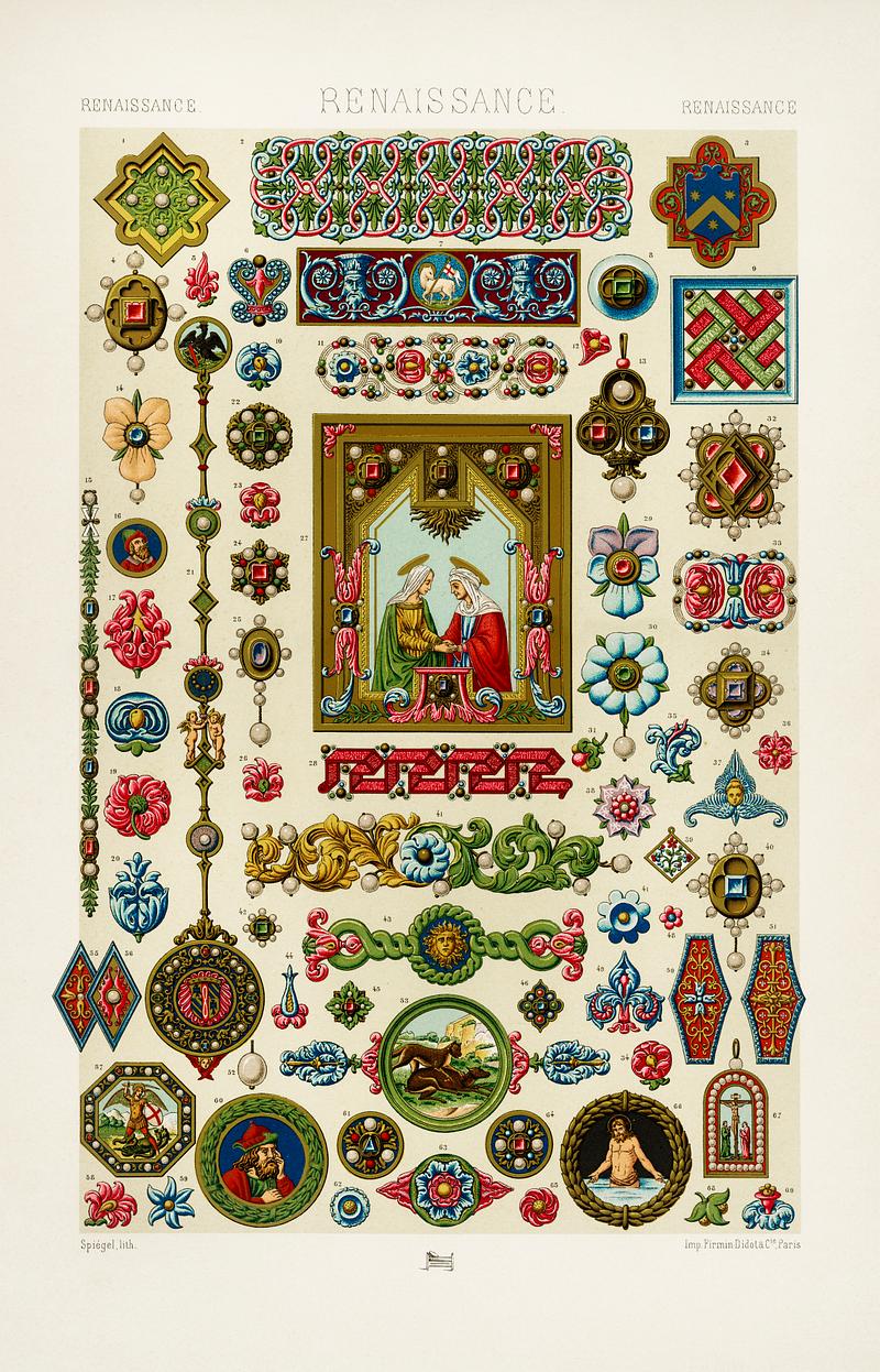 Renaissance pattern from L'ornement Polychrome (1888) by Albert Racinet (1825–1893). Digitally enhanced from our own original 1888 edition. Renaissance pattern from L'ornement Polychrome (1888) by Albert Racinet (1825–1893). Digitally enhanced from our own…