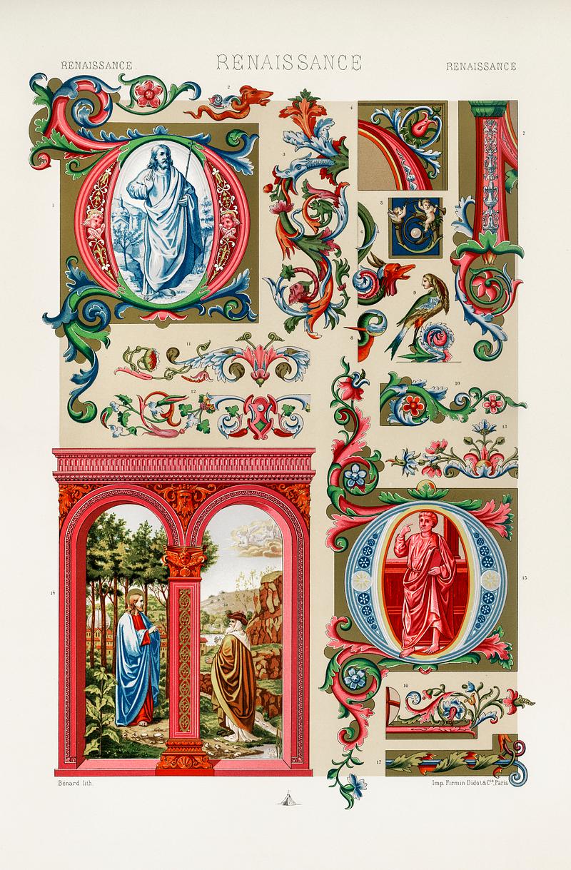 Renaissance pattern from L'ornement Polychrome (1888) by Albert Racinet (1825–1893). Digitally enhanced from our own original 1888 edition. Renaissance pattern from L'ornement Polychrome (1888) by Albert Racinet (1825–1893). Digitally enhanced from our own…