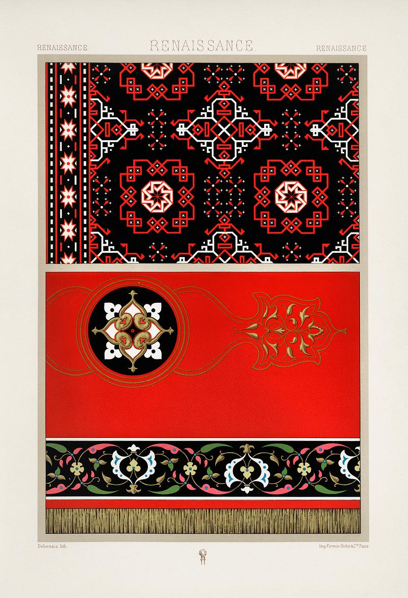 Renaissance pattern from L'ornement Polychrome (1888) by Albert Racinet (1825–1893). Digitally enhanced from our own original 1888 edition. Renaissance pattern from L'ornement Polychrome (1888) by Albert Racinet (1825–1893). Digitally enhanced from our own…