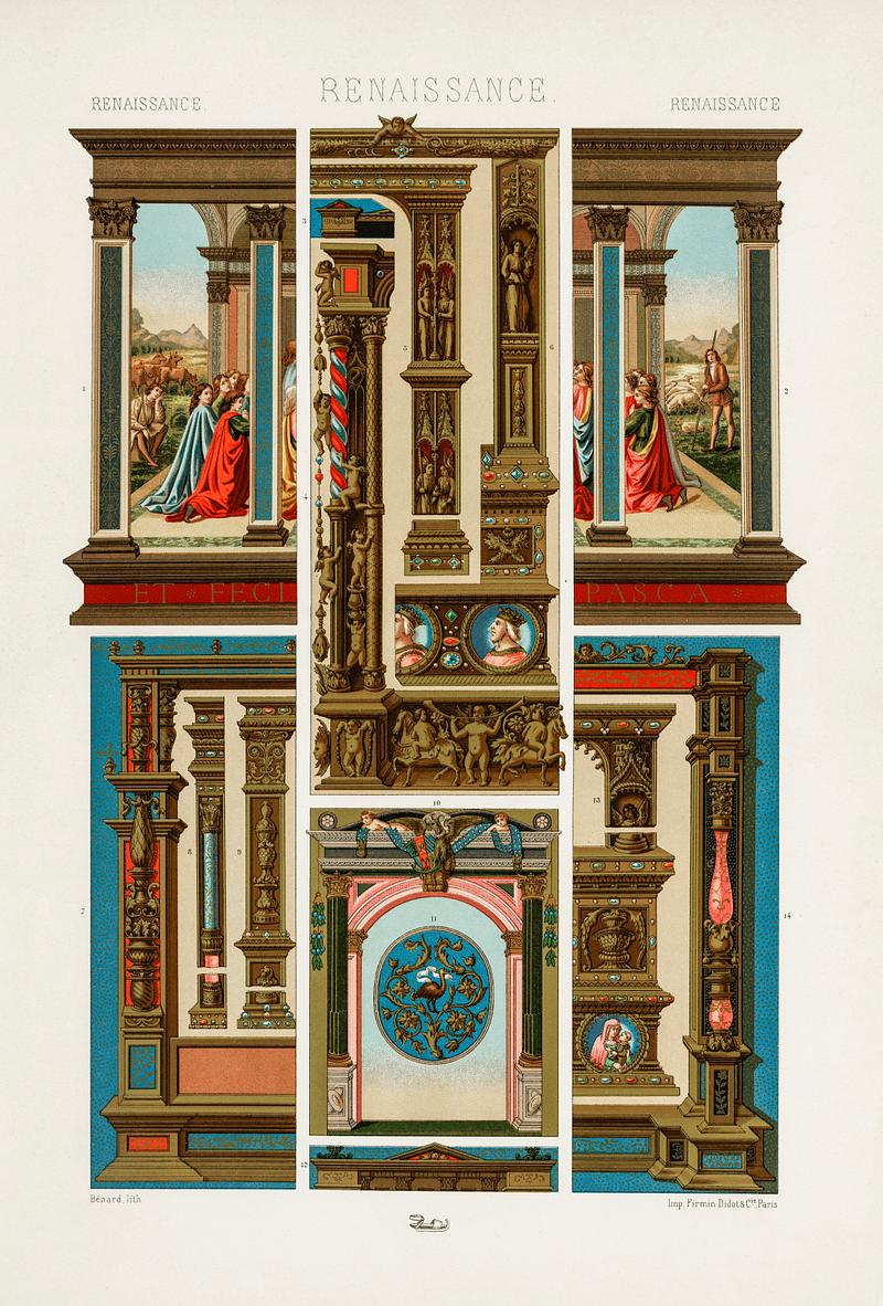 Renaissance pattern from L'ornement Polychrome (1888) by Albert Racinet (1825–1893). Digitally enhanced from our own original 1888 edition. Renaissance pattern from L'ornement Polychrome (1888) by Albert Racinet (1825–1893). Digitally enhanced from our own…