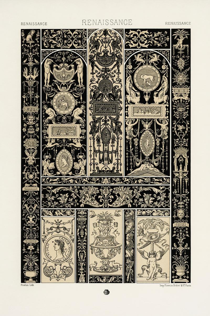 Renaissance pattern from L'ornement Polychrome (1888) by Albert Racinet (1825–1893). Digitally enhanced from our own original 1888 edition. Renaissance pattern from L'ornement Polychrome (1888) by Albert Racinet (1825–1893). Digitally enhanced from our own…