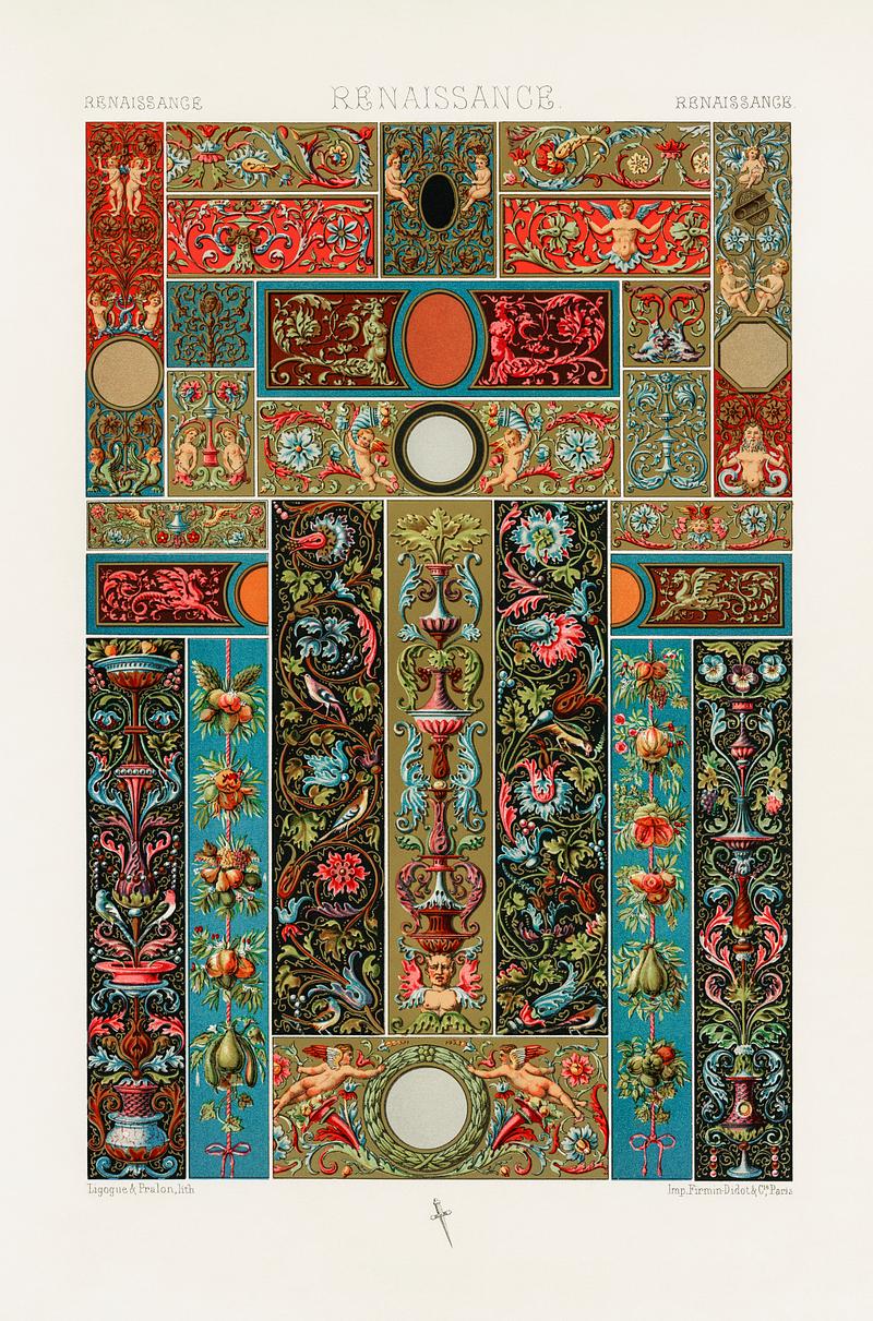 Renaissance pattern from L'ornement Polychrome (1888) by Albert Racinet (1825–1893). Digitally enhanced from our own original 1888 edition. Renaissance pattern from L'ornement Polychrome (1888) by Albert Racinet (1825–1893). Digitally enhanced from our own…