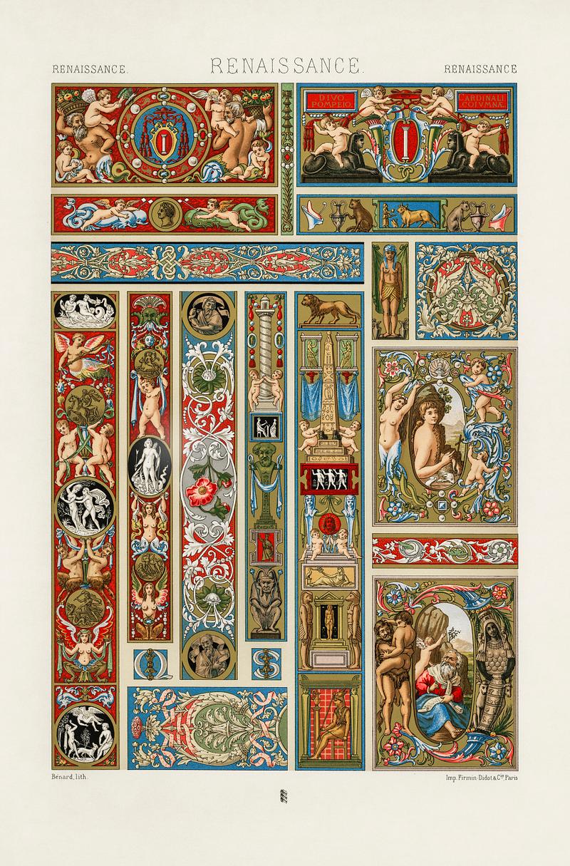 Renaissance pattern from L'ornement Polychrome (1888) by Albert Racinet (1825–1893). Digitally enhanced from our own original 1888 edition. Renaissance pattern from L'ornement Polychrome (1888) by Albert Racinet (1825–1893). Digitally enhanced from our own…