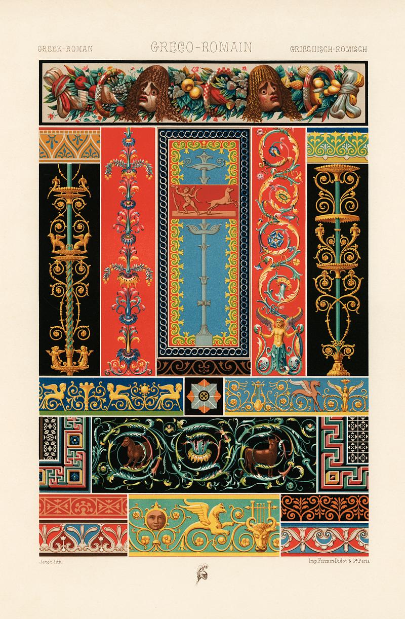 Greek-Roman pattern from L'ornement Polychrome (1888) by Albert Racinet (1825–1893). Digitally enhanced from our own original 1888 edition. Greek-Roman pattern from L'ornement Polychrome (1888) by Albert Racinet (1825–1893). Digitally enhanced from our own…