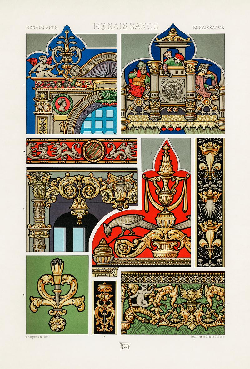 Renaissance pattern from L'ornement Polychrome (1888) by Albert Racinet (1825–1893). Digitally enhanced from our own original 1888 edition. Renaissance pattern from L'ornement Polychrome (1888) by Albert Racinet (1825–1893). Digitally enhanced from our own…