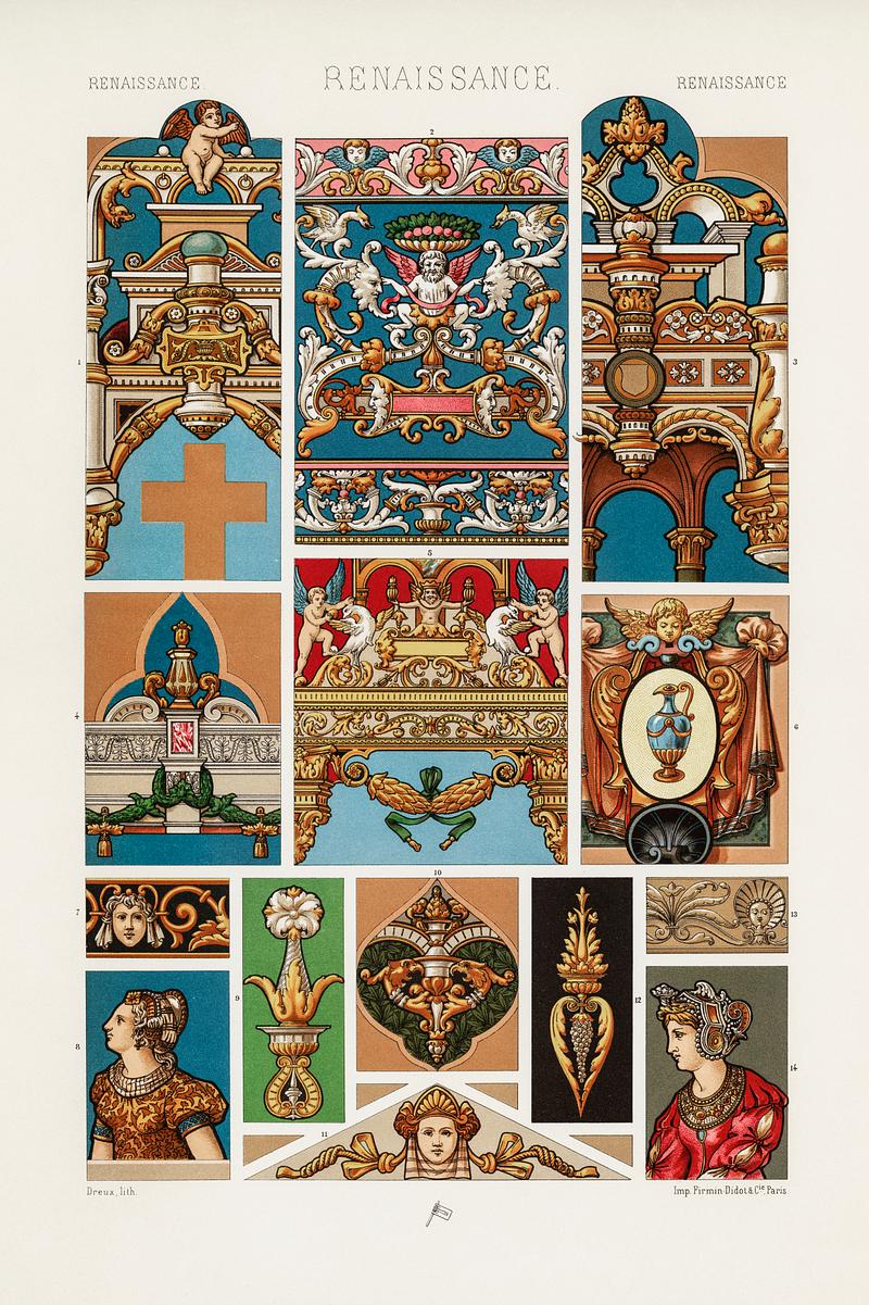 Renaissance pattern from L'ornement Polychrome (1888) by Albert Racinet (1825–1893). Digitally enhanced from our own original 1888 edition. Renaissance pattern from L'ornement Polychrome (1888) by Albert Racinet (1825–1893). Digitally enhanced from our own…
