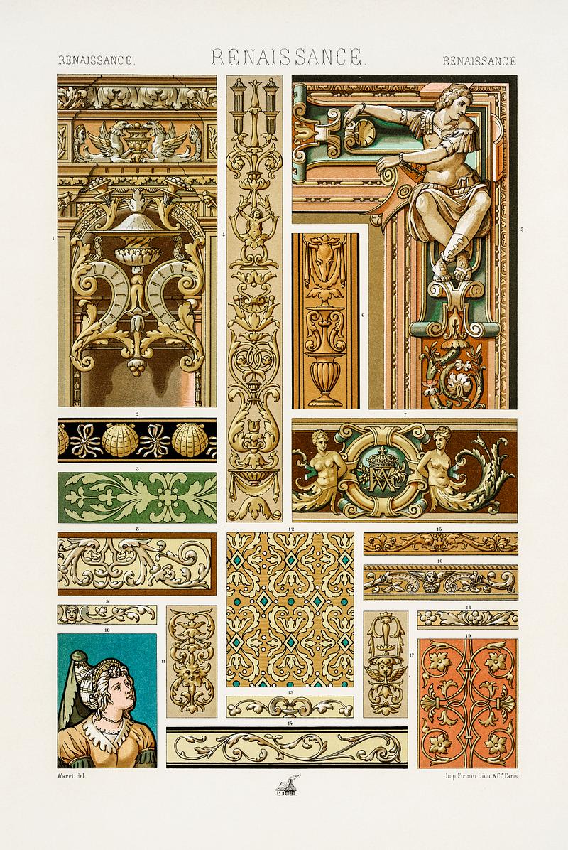 Renaissance pattern from L'ornement Polychrome (1888) by Albert Racinet (1825–1893). Digitally enhanced from our own original 1888 edition. Renaissance pattern from L'ornement Polychrome (1888) by Albert Racinet (1825–1893). Digitally enhanced from our own…