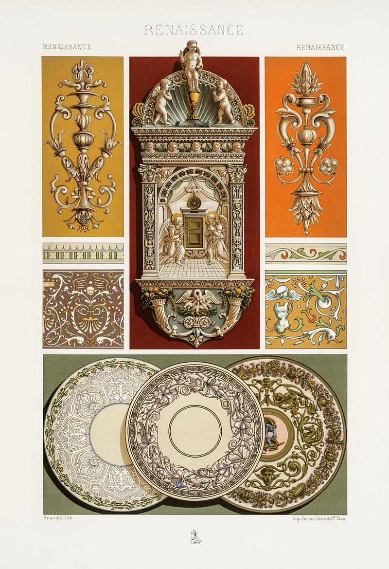 Renaissance pattern from L'ornement Polychrome (1888) by Albert Racinet (1825–1893). Digitally enhanced from our own original 1888 edition. Renaissance pattern from L'ornement Polychrome (1888) by Albert Racinet (1825–1893). Digitally enhanced from our own…
