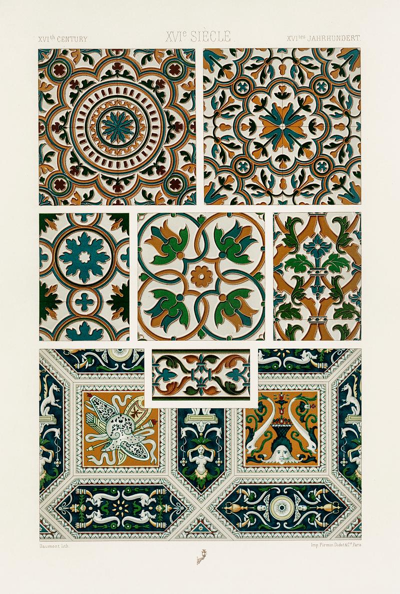 16th Century pattern from L'ornement Polychrome (1888) by Albert Racinet (1825–1893). Digitally enhanced from our own original 1888 edition. 16th Century pattern from L'ornement Polychrome (1888) by Albert Racinet (1825–1893). Digitally enhanced from our own…