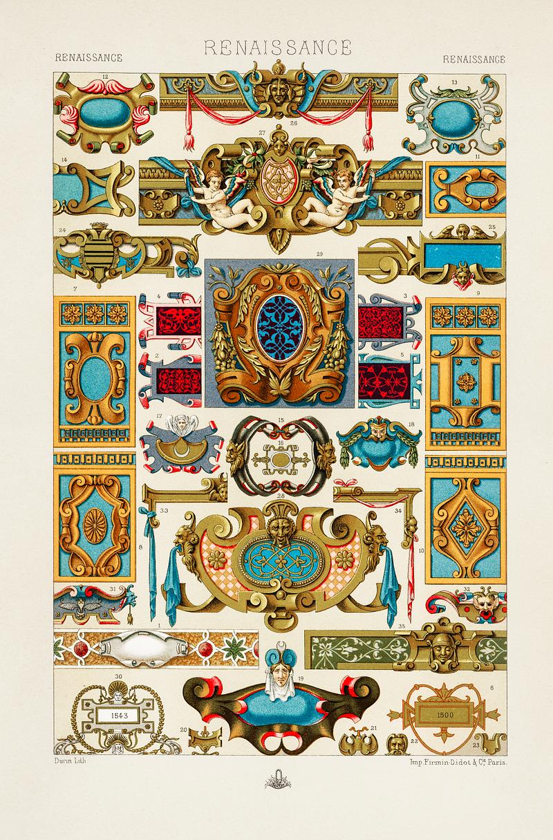 Renaissance pattern from L'ornement Polychrome (1888) by Albert Racinet (1825–1893). Digitally enhanced from our own original 1888 edition. Renaissance pattern from L'ornement Polychrome (1888) by Albert Racinet (1825–1893). Digitally enhanced from our own…