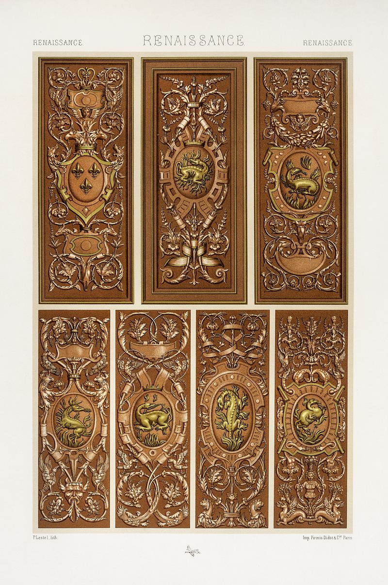 Renaissance pattern from L'ornement Polychrome (1888) by Albert Racinet (1825–1893). Digitally enhanced from our own original 1888 edition. Renaissance pattern from L'ornement Polychrome (1888) by Albert Racinet (1825–1893). Digitally enhanced from our own…
