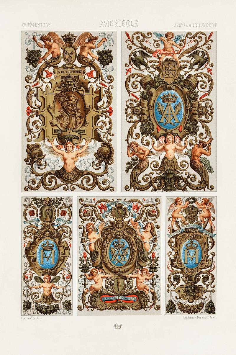 17th Century pattern from L'ornement Polychrome (1888) by Albert Racinet (1825–1893). Digitally enhanced from our own original 1888 edition. 17th Century pattern from L'ornement Polychrome (1888) by Albert Racinet (1825–1893). Digitally enhanced from our own…