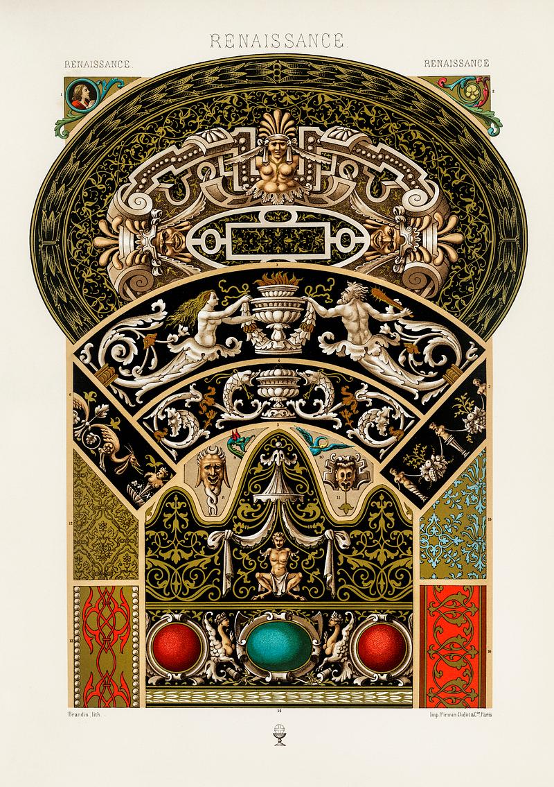 Renaissance pattern from L'ornement Polychrome (1888) by Albert Racinet (1825–1893). Digitally enhanced from our own original 1888 edition. Renaissance pattern from L'ornement Polychrome (1888) by Albert Racinet (1825–1893). Digitally enhanced from our own…
