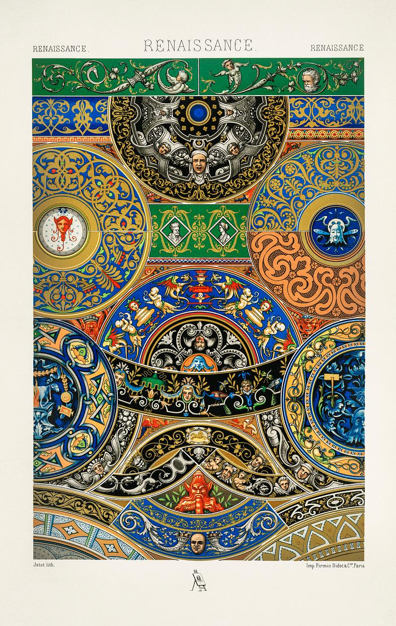 Renaissance pattern from L'ornement Polychrome (1888) by Albert Racinet (1825–1893). Digitally enhanced from our own original 1888 edition. Renaissance pattern from L'ornement Polychrome (1888) by Albert Racinet (1825–1893). Digitally enhanced from our own…