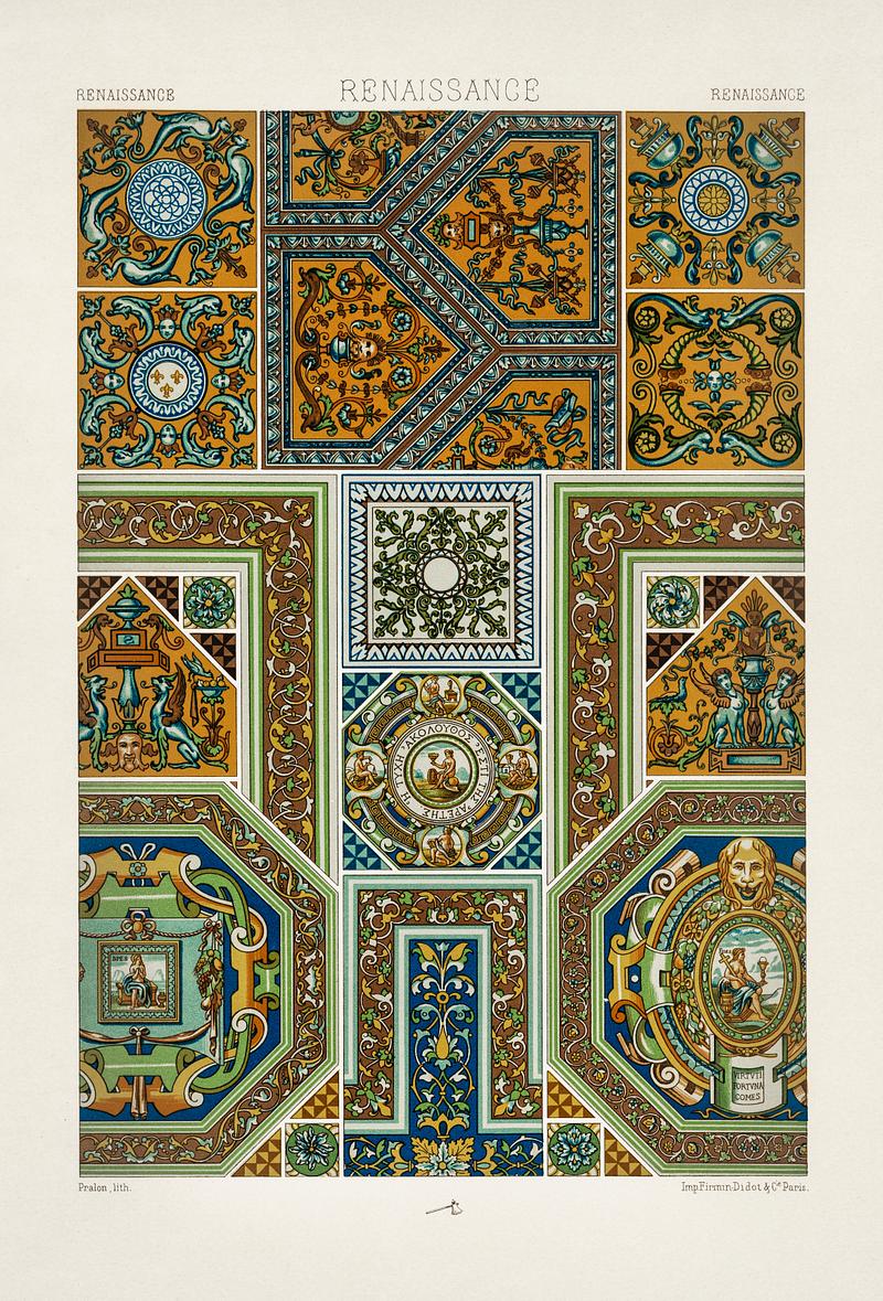 Renaissance pattern from L'ornement Polychrome (1888) by Albert Racinet (1825–1893). Digitally enhanced from our own original 1888 edition. Renaissance pattern from L'ornement Polychrome (1888) by Albert Racinet (1825–1893). Digitally enhanced from our own…