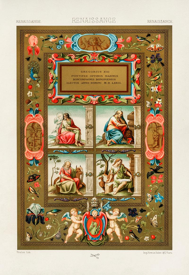 Renaissance pattern from L'ornement Polychrome (1888) by Albert Racinet (1825–1893). Digitally enhanced from our own original 1888 edition. Renaissance pattern from L'ornement Polychrome (1888) by Albert Racinet (1825–1893). Digitally enhanced from our own…