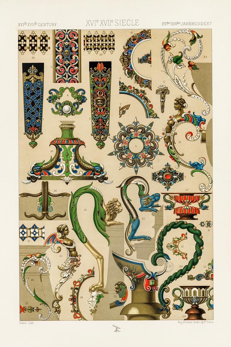 16th and 17th Century pattern from L'ornement Polychrome (1888) by Albert Racinet (1825–1893). Digitally enhanced from our own original 1888 edition. 16th and 17th Century pattern from L'ornement Polychrome (1888) by Albert Racinet (1825–1893). Digitally enhanced from…