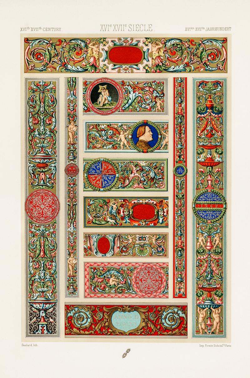 16th and 17th Century pattern from L'ornement Polychrome (1888) by Albert Racinet (1825–1893). Digitally enhanced from our own original 1888 edition. 16th and 17th Century pattern from L'ornement Polychrome (1888) by Albert Racinet (1825–1893). Digitally enhanced from…