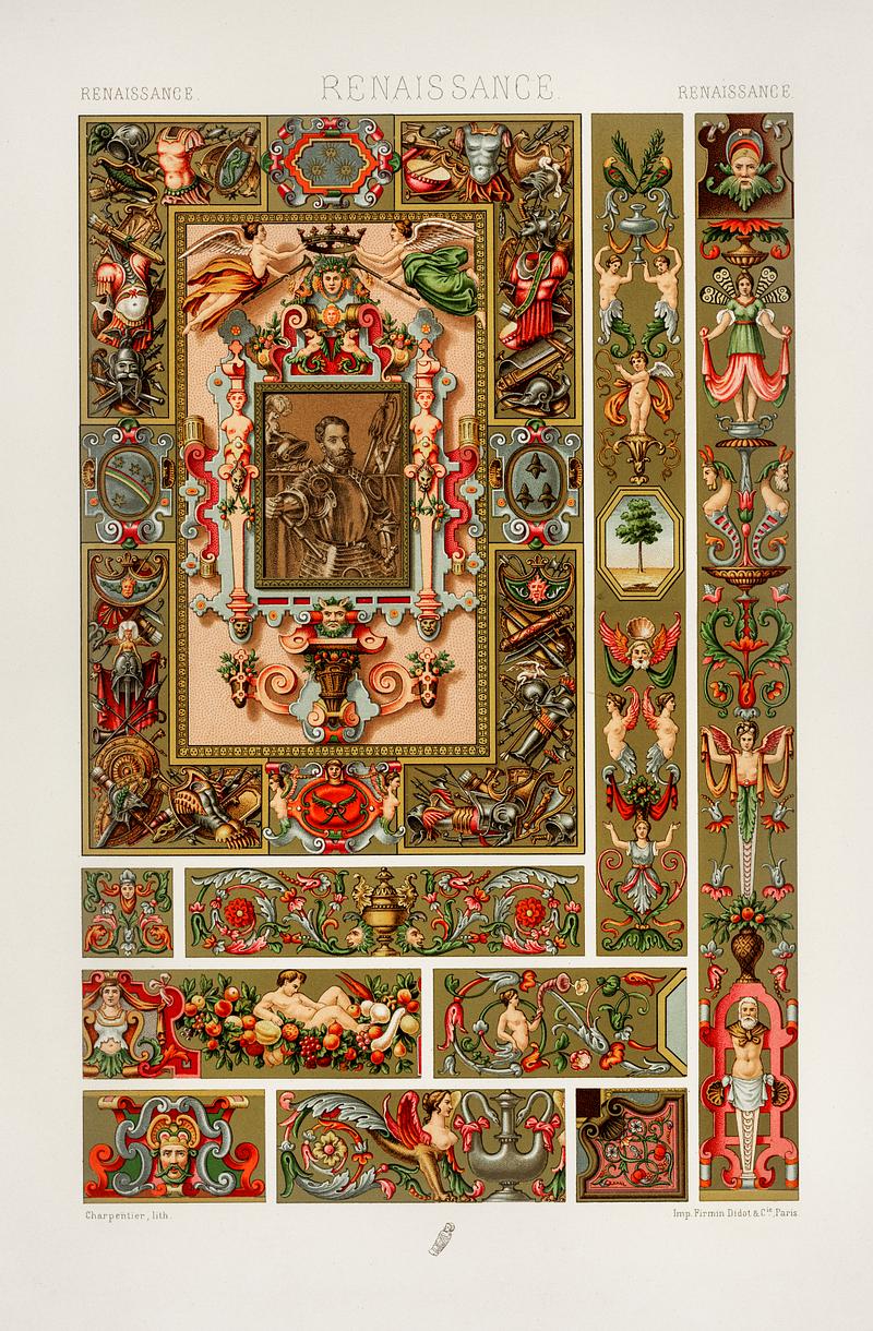 Renaissance pattern from L'ornement Polychrome (1888) by Albert Racinet (1825–1893). Digitally enhanced from our own original 1888 edition. Renaissance pattern from L'ornement Polychrome (1888) by Albert Racinet (1825–1893). Digitally enhanced from our own…