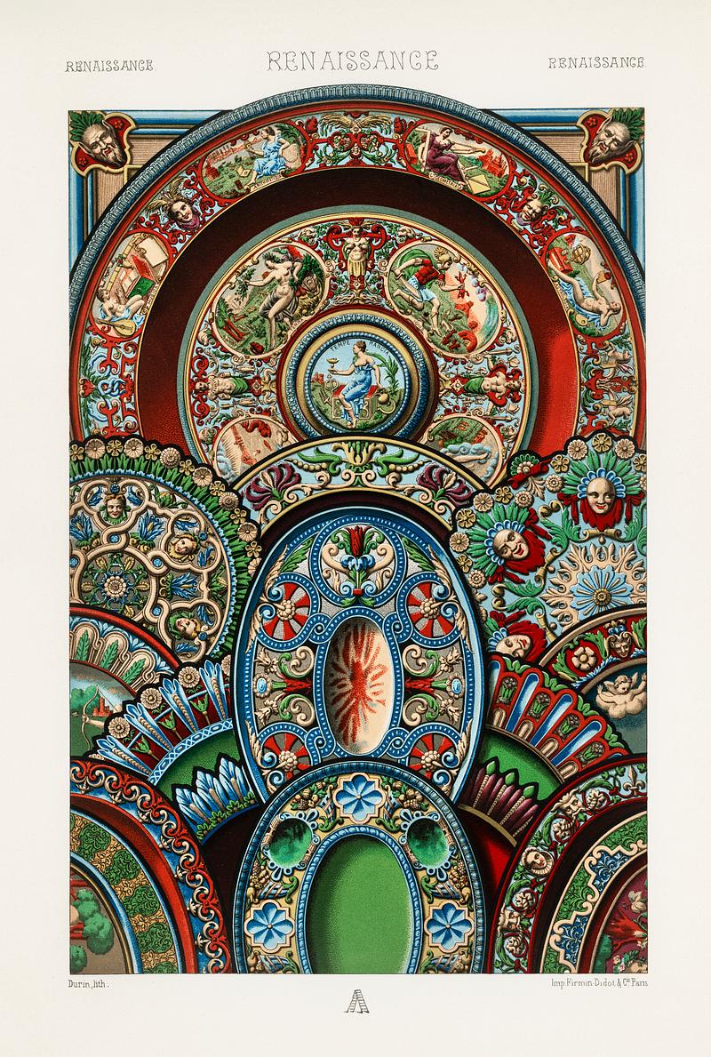 Renaissance pattern from L'ornement Polychrome (1888) by Albert Racinet (1825–1893). Digitally enhanced from our own original 1888 edition. Renaissance pattern from L'ornement Polychrome (1888) by Albert Racinet (1825–1893). Digitally enhanced from our own…