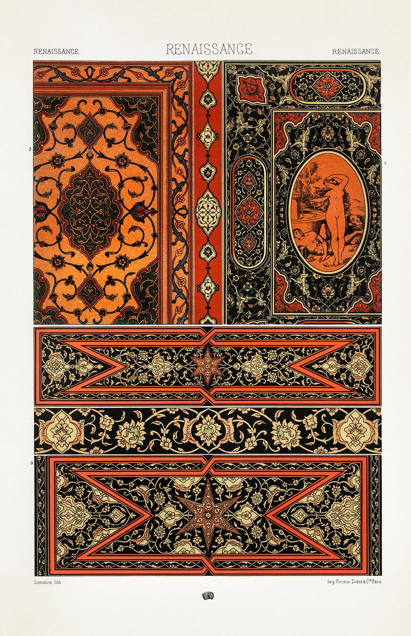 Renaissance pattern from L'ornement Polychrome (1888) by Albert Racinet (1825–1893). Digitally enhanced from our own original 1888 edition. Renaissance pattern from L'ornement Polychrome (1888) by Albert Racinet (1825–1893). Digitally enhanced from our own…